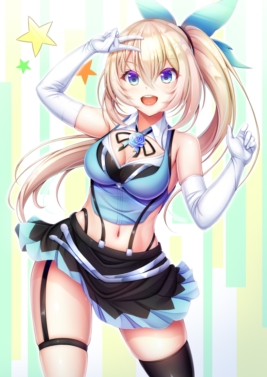 1girl :d arms_up bare_shoulders black_skirt black_thighhighs blonde_hair blue_eyes blue_shirt breasts cleavage cleavage_cutout clothing_cutout cowboy_shot elbow_gloves flower gloves hair_between_eyes hair_ribbon highres hiro_(725611) long_hair looking_at_viewer medium_breasts midriff mirai_akari mirai_akari_project navel open_mouth pleated_skirt ponytail ribbon rose shirt side_ponytail single_thighhigh skindentation skirt smile solo star_(symbol) strap striped_background teeth thigh_strap thighhighs tongue upper_teeth_only v virtual_youtuber white_gloves