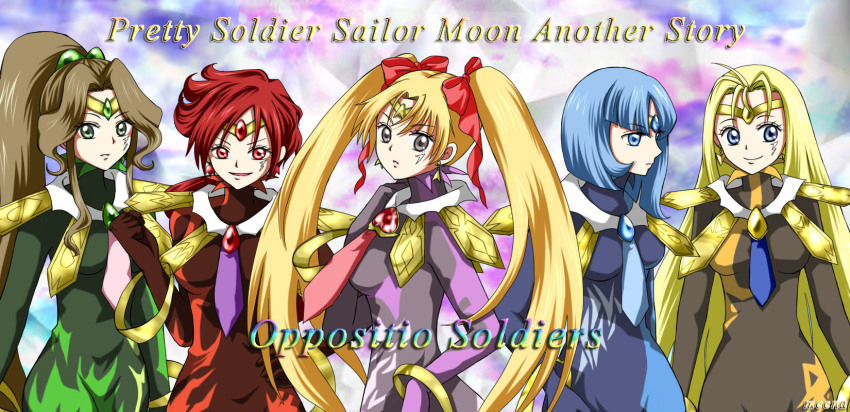 5girls anklet bishoujo_senshi_sailor_moon bishoujo_senshi_sailor_moon_another_story black_gloves blonde_hair blue_eyes blue_hair bodysuit bow bowtie brown_hair commentary_request english_text facial_mark gem gloves green_eyes grey_eyes highres ishtar_(sailor_moon) jewelry long_hair marduk_(sailor_moon) miina_(papillon002) multiple_girls nabu_(sailor_moon) nergal_(sailor_moon) ponytail red_eyes red_hair short_hair sin_(sailor_moon) twintails