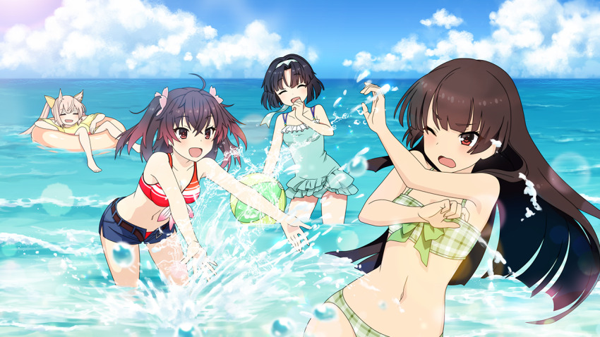 4girls ;d afloat ahoge asakura_mihono ball beachball bikini bikini_top_only black_hair blue_shorts blunt_bangs breasts brown_eyes brown_hair cleavage closed_eyes cloud day frilled_bikini frills game_cg green_bikini hair_between_eyes hair_ears hairband hime_cut innertube juujou_hiyori leaning_forward long_hair mashiko_kaoru medium_breasts medium_hair multiple_girls musumi_kiyoka navel non-web_source ocean one-piece_swimsuit one_eye_closed open_mouth outdoors pink_hair plaid_bikini plaid_clothes red_bikini red_eyes short_hair shorts sidelocks sky small_breasts smile splashing standing stomach swim_ring swimsuit toji_no_miko toji_no_miko:_kizamishi_issen_no_tomoshibi twintails two_side_up wading water