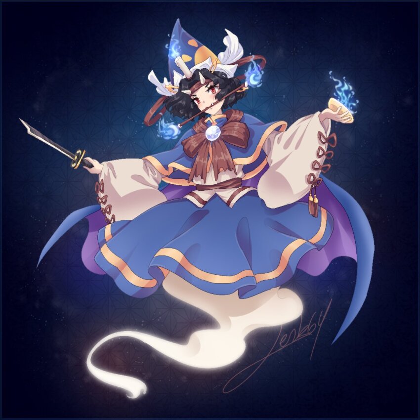 1other androgynous black_hair blue_background blue_cape blue_capelet blue_fire blue_hat blue_skirt bow bowl bowtie brown_bow brown_bowtie brown_headband brown_kimono brown_ribbon cape capelet cosplay demon_horns expressionless eyelashes fake_horns fang fang_out fire floating_hair frilled_headwear full_body ghost_tail hat hat_ribbon headband holding holding_bowl holding_sword holding_weapon horns japanese_clothes kimono len&#039;en lenk64 light_blush light_particles long_sleeves mima_(touhou) mima_(touhou)_(cosplay) miniskirt mouth_guard other_focus pleated_skirt purple_cape red_eyes ribbon short_hair short_kimono short_sword signature skirt sleeve_ribbon solo sun_print sword taira_no_chouki tassel touhou touhou_(pc-98) two-sided_cape two-sided_fabric weapon white_horns wide_sleeves