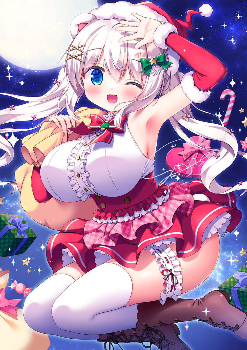 1girl ;d animal_ears arm_up armpits bare_shoulders bear_ears blue_eyes blush boots bow box breasts brown_footwear center_frills christmas commentary_request cross-laced_footwear dated detached_sleeves frills full_moon fur-trimmed_sleeves fur_trim gift gift_box green_bow hair_between_eyes hair_bow hat highres holding holding_sack knees_together_feet_apart lace-up_boots large_breasts long_sleeves looking_at_viewer moon night night_sky one_eye_closed open_mouth original outdoors red_bow red_hat red_skirt red_sleeves ribbon_trim sack santa_costume sasai_saji shirt signature skirt sky sleeveless sleeveless_shirt smile solo star_(sky) star_(symbol) starry_sky thighhighs thighhighs_under_boots twintails white_hair white_shirt white_thighhighs