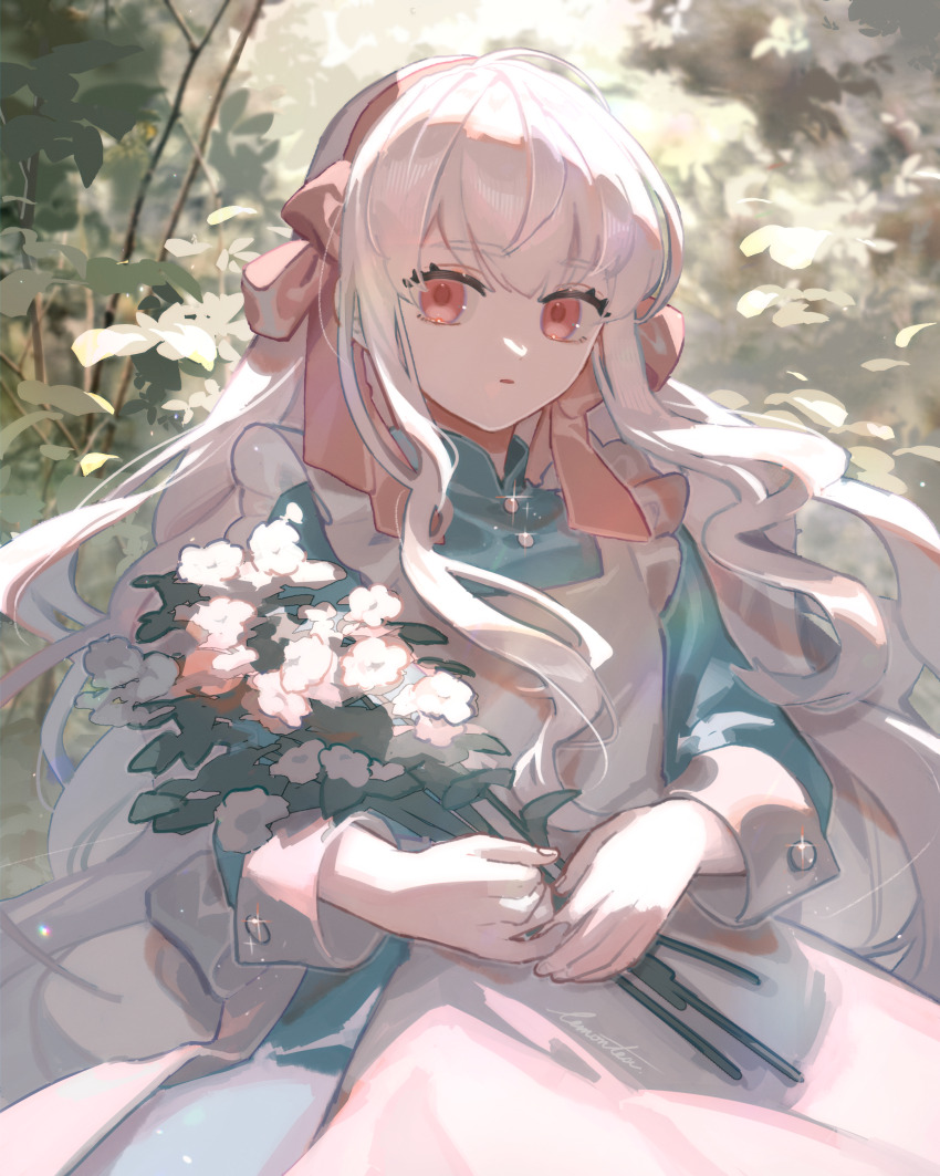 1girl absurdres apron backlighting blue_dress bouquet bush commentary dress eyelashes flower frown hairband highres holding holding_bouquet kagerou_project kozakura_marry lemontea long_sleeves looking_at_viewer outdoors pink_hairband red_eyes sidelocks solo white_apron white_flower white_hair