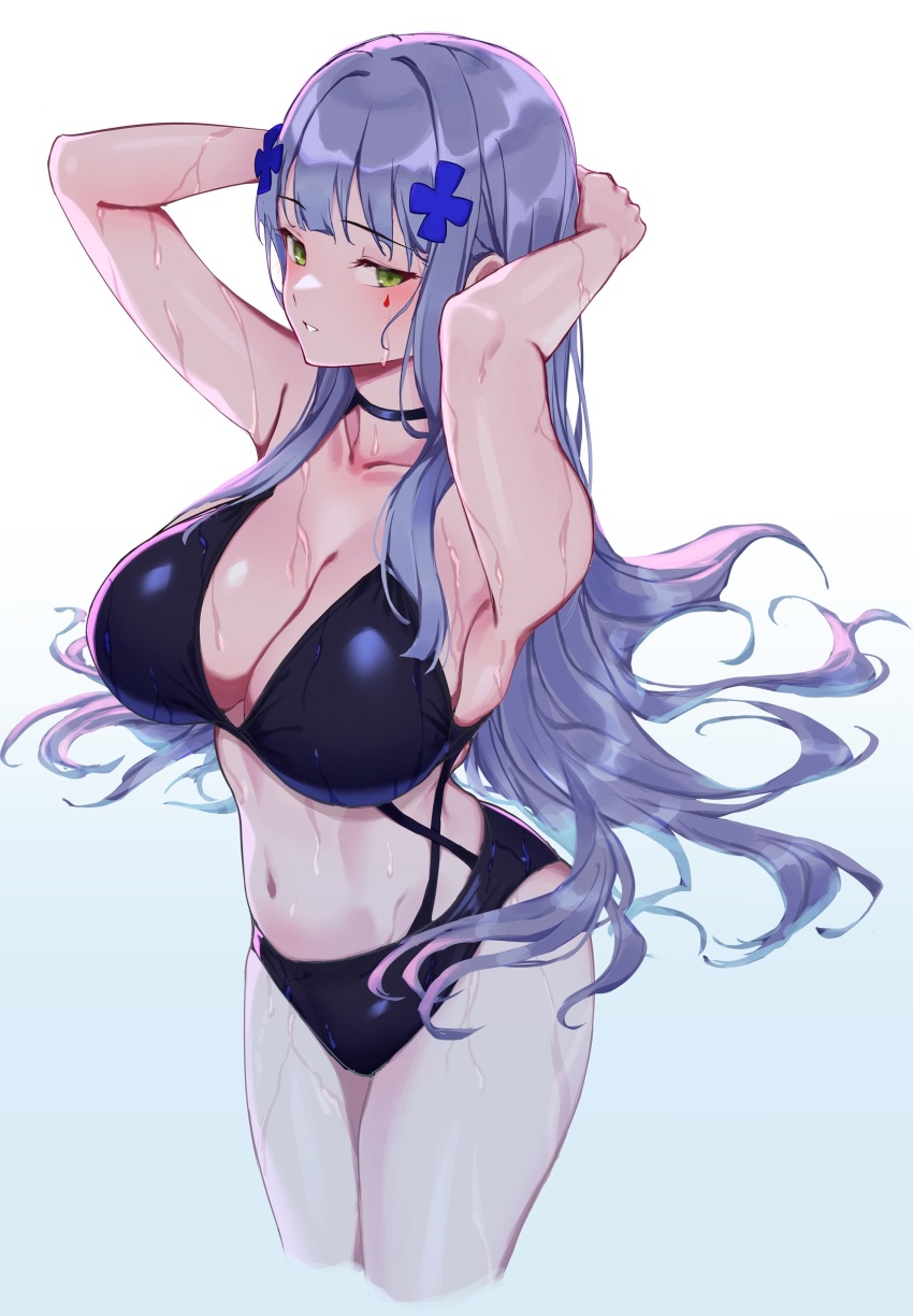 1girl 3_small_spiders absurdres alternate_costume arms_behind_head bikini black_bikini blue_hair breasts cleavage cowboy_shot cross_hair_ornament facial_mark girls&#039;_frontline green_eyes hair_ornament highres hk416_(girls&#039;_frontline) large_breasts long_hair looking_at_viewer navel solo swimsuit tattoo teardrop teardrop_facial_mark teardrop_tattoo wet