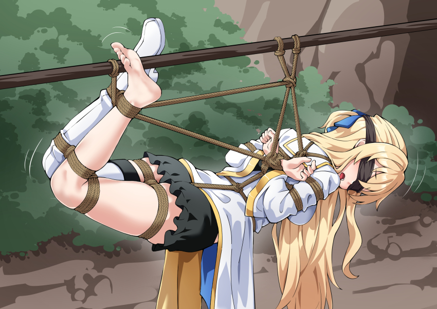 1girl ass asymmetrical_legwear bdsm between_buttocks blindfold blonde_hair bondage bound breasts carrying helpless priestess_(goblin_slayer!) shibari solo suspension tribal_carry