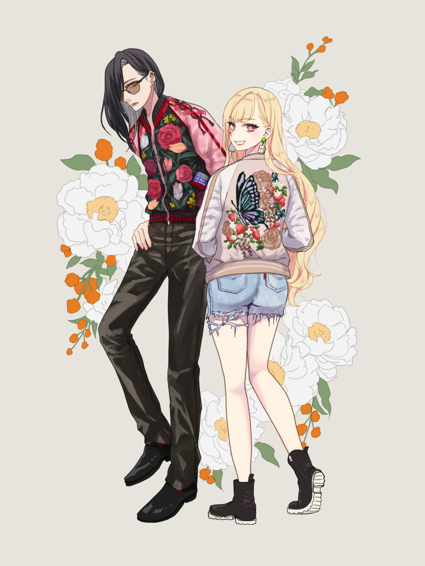 1boy 1girl absurdres ankle_boots bare_legs black_footwear black_hair black_pants blonde_hair blue_butterfly blue_shorts boots brown_flower brown_rose bug butterfly commentary_request crimson_reichenbach earrings eyes_visible_through_eyewear facial_tattoo facing_back floral_print_jacket flower full_body grey_background hand_on_own_hip heart heart_tattoo highres insect jacket jewelry long_hair luis_cammy mahjong mahjong_tile mahjong_tile_earrings mole mole_under_mouth nijisanji orange_flower orange_tulip otowe pants red_eyes red_flower red_lips red_rose rose shellin_burgundy shorts stud_earrings sukajan sunglasses tattoo torn_clothes torn_shorts tulip virtual_youtuber white_flower white_tulip zipper_pull_tab