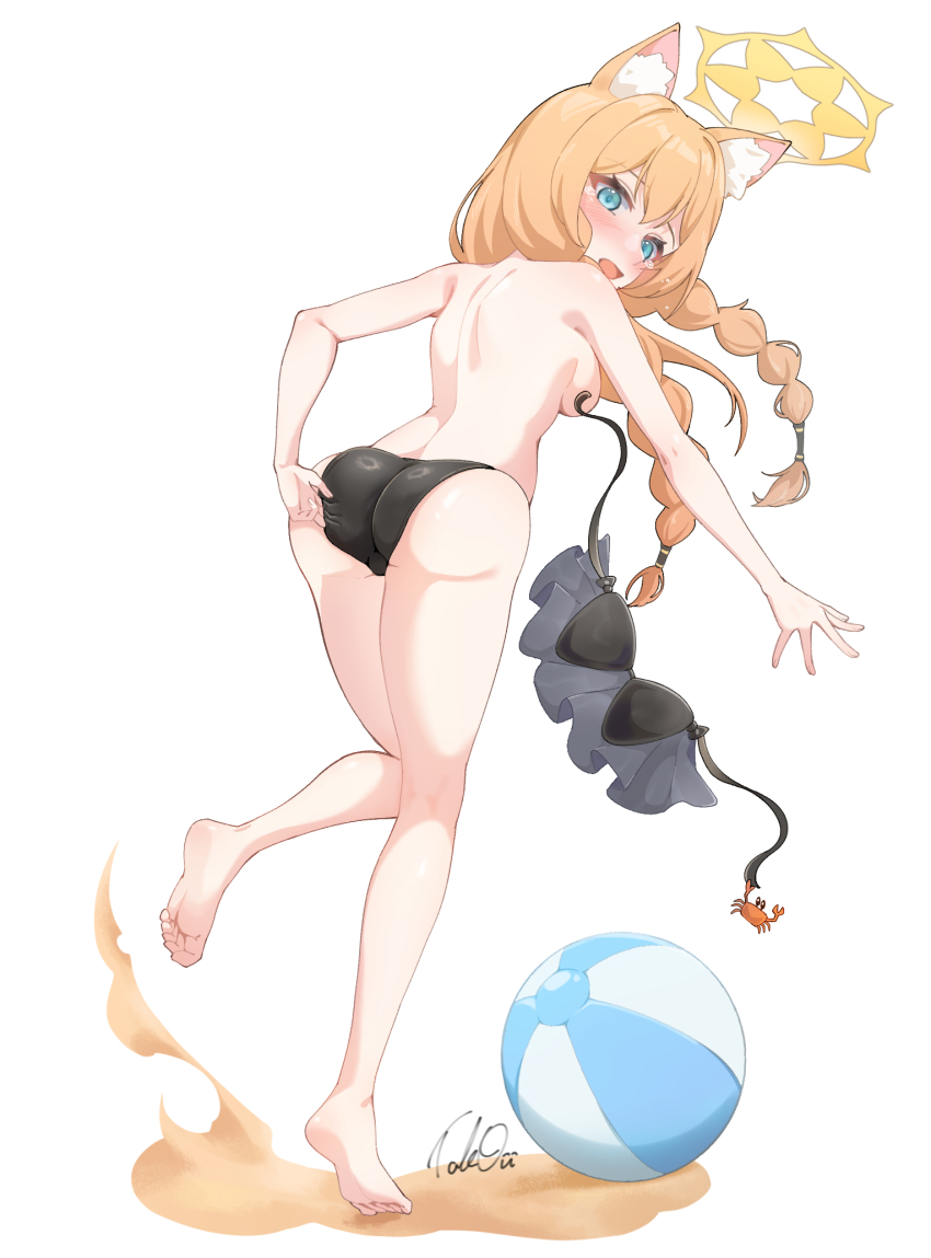 1girl alternate_costume animal_ear_fluff animal_ears arm_behind_back ass assisted_exposure ball barefoot beachball bikini black_bikini blue_archive braid clothes_theft convenient_censoring crab embarrassed frilled_bikini_top full_body halo highres iicecall long_hair mari_(blue_archive) orange_hair standing standing_on_one_leg swimsuit swimsuit_theft theft toes twin_braids unworn_bikini_top wardrobe_malfunction white_background yellow_halo