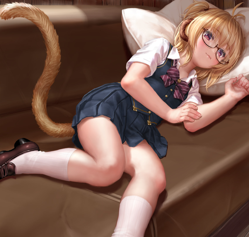 1girl andira_(academic_adolescence)_(granblue_fantasy) andira_(granblue_fantasy) animal_ears asakuraf blonde_hair blush bow bowtie collared_shirt couch glasses granblue_fantasy highres loafers lying monkey_ears monkey_girl monkey_tail on_side pillow red_eyes school_uniform shirt shoes short_hair skirt smile socks solo tail variant_set vest white_shirt white_socks