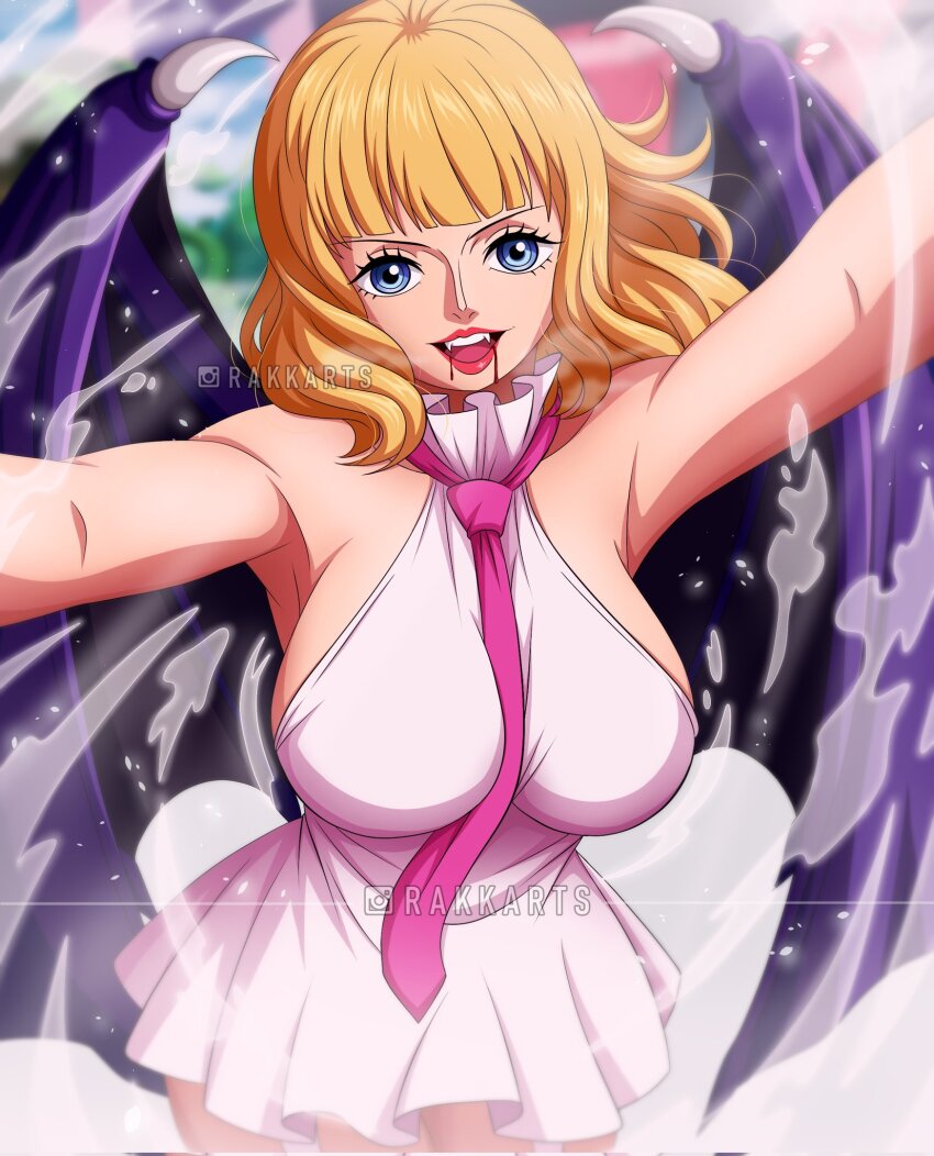 1girl artist_name bare_shoulders bat_wings blonde_hair blood blood_from_mouth blue_eyes breasts dress fangs highres instagram_logo instagram_username large_breasts looking_at_viewer medium_hair necktie one_piece open_mouth pink_necktie rakara11_(rakkarts) short_dress sleeveless sleeveless_dress solo stussy_(one_piece) teeth upper_teeth_only white_dress wings