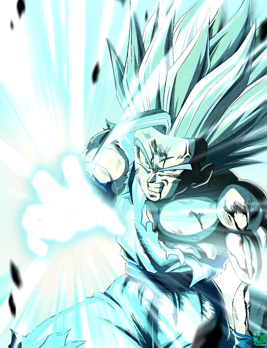 1boy arm_up attack blood blood_from_mouth blood_on_arm blood_on_face blurry broken_arm clenched_teeth commentary_request debris depth_of_field dougi dragon_ball dragonball_z energy father-son_kamehameha glowing glowing_hand highres injury kamehameha_(dragon_ball) looking_at_viewer male_focus muscular muscular_child scene_reference signature single_bang solo son_gohan spiked_hair super_saiyan super_saiyan_2 teeth torn_clothes v-shaped_eyebrows veins wristband y_man_07