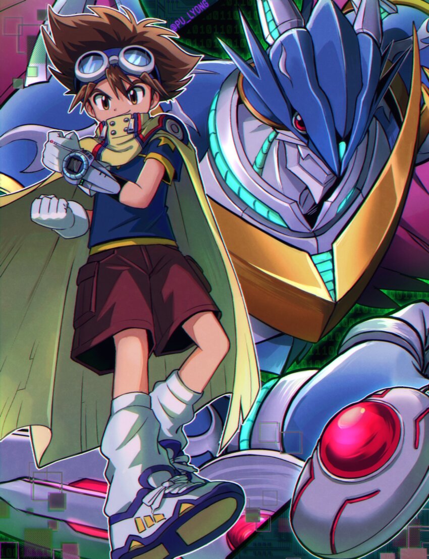 2boys blue_shirt blue_skin brown_eyes brown_hair brown_shorts cape clenched_hands colored_skin digimon digimon_(creature) digimon_adventure_v-tamer_01 dragon goggles goggles_on_head highres male_focus multiple_boys pu_lyong red_eyes shirt shorts ulforcev-dramon yagami_taichi_(digimon_adventure_v-tamer_01) yellow_cape zeromaru_(digimon)