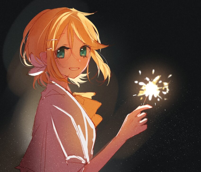 1girl black_background blonde_hair blueberry_hedy bow fireworks green_eyes grin hair_bow hair_ornament hair_ribbon hairclip highres holding holding_fireworks kagamine_rin looking_at_viewer looking_to_the_side low_twintails neckerchief ribbon shirt short_twintails sideways_glance smile sparkler twintails vocaloid white_ribbon white_shirt yellow_neckerchief