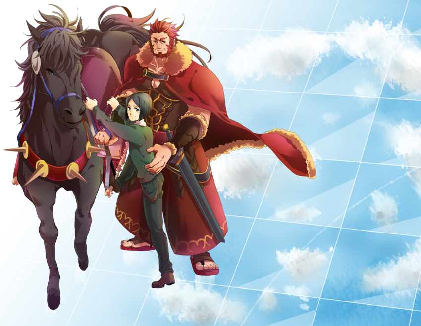 2boys armor bad_id bad_pixiv_id beard black_hair bob_cut bucephalus_(fate) cape facial_hair fate/zero fate_(series) green_eyes horse iskandar_(fate) juliacco male_focus multiple_boys necktie red_eyes red_hair sandals waver_velvet