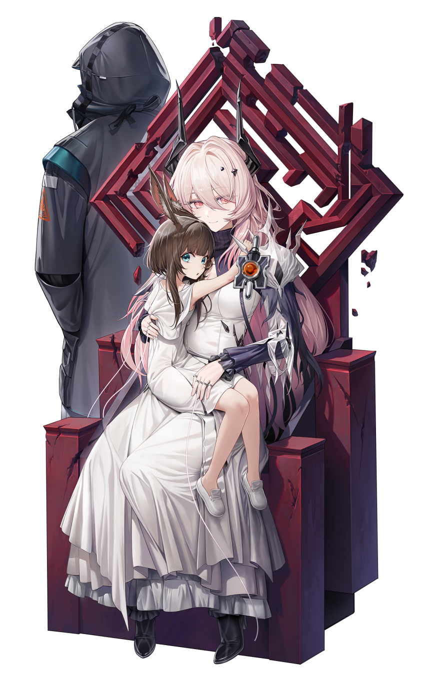 1other 2girls absurdres amiya_(arknights) animal_ears arknights black_horns black_jacket blue_eyes brown_hair cryturtle doctor_(arknights) dress highres hood hooded_jacket horns hug jacket jewelry long_hair looking_at_viewer multiple_girls multiple_rings pink_eyes pink_hair rabbit_ears rabbit_girl ring sitting sitting_on_person sitting_on_throne theresa_(arknights) throne white_background white_dress white_footwear