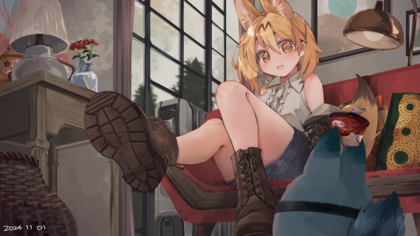 1girl alternate_costume bare_shoulders blonde_hair blush boots brown_footwear casual center_frills collared_shirt couch denim denim_skirt extra_ears food frills from_below hair_between_eyes ice_cream kemono_friends lucky_beast_(kemono_friends) nanana_(nanana_iz) open_mouth serval_(kemono_friends) shirt short_hair sidelocks sitting skirt sleeveless white_shirt yellow_eyes