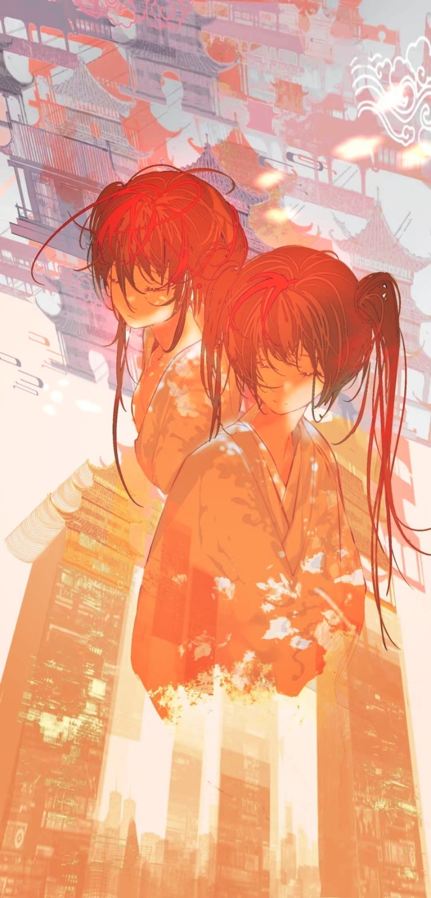 1girl 2girls chinese_commentary closed_eyes closed_mouth commentary_request cropped_torso hatsune_miku highres japanese_clothes kimono long_hair messy_hair monochrome multiple_girls multiple_views necessarytothink photo_background ponytail procreate_(medium) red_theme twintails vocaloid