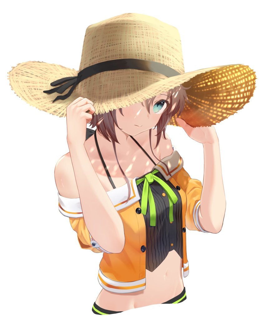 1girl black_camisole blue_eyes brown_hair camisole crop_top cropped_jacket green_ribbon halterneck hands_on_headwear hat highres hololive jacket kishiro_(mameyamu_matu) looking_at_viewer medium_hair natsuiro_matsuri natsuiro_matsuri_(1st_costume) neck_ribbon off-shoulder_jacket off_shoulder one_eye_covered orange_jacket pinstripe_camisole pinstripe_pattern ribbon short_sleeves simple_background solo spaghetti_strap straw_hat striped upper_body virtual_youtuber white_background