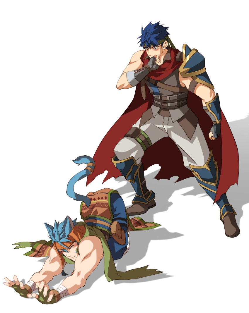 2boys absurdres animal_ears armor blue_hair blue_pants blush boots brown_footwear cape cat_boy cat_ears cat_stretch closed_eyes fingerless_gloves fire_emblem fire_emblem:_radiant_dawn gloves green_headband green_scarf headband highres ike_(fire_emblem) koon laguz_(fire_emblem) looking_at_ass male_focus multiple_boys nintendo pants pauldrons ranulf_(fire_emblem) red_cape scarf shoulder_armor single_pauldron sleeveless stretching tail tail_ornament tail_ring white_background white_pants yaoi