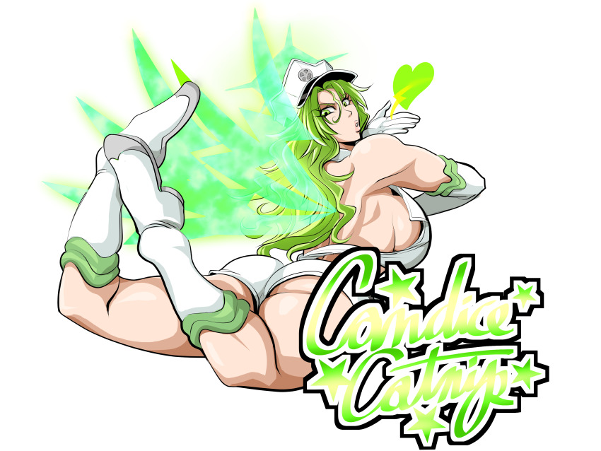 absurdres bleach bleach:_sennen_kessen-hen breasts candice_catnipp cleavage energy_wings graffiti green_eyes green_hair highres large_breasts long_hair looking_at_viewer looking_back simple_background soyuz001 white_background wings