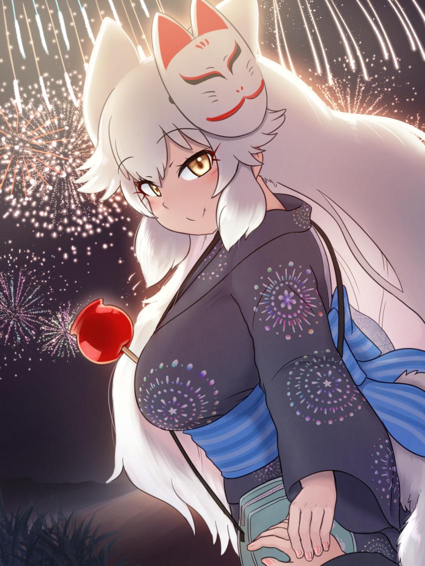 1girl aerial_fireworks animal_ears arctic_fox_(kemono_friends) blush candy_apple extra_ears festival fireworks fireworks_print food fox_ears fox_girl fox_tail highres holding_hands japanese_clothes kemono_friends kemono_friends_3 kimono long_hair long_sleeves looking_at_viewer mask mask_on_head mo23 obi pov pov_hands print_kimono sash smile solo summer_festival tail white_hair yellow_eyes yukata