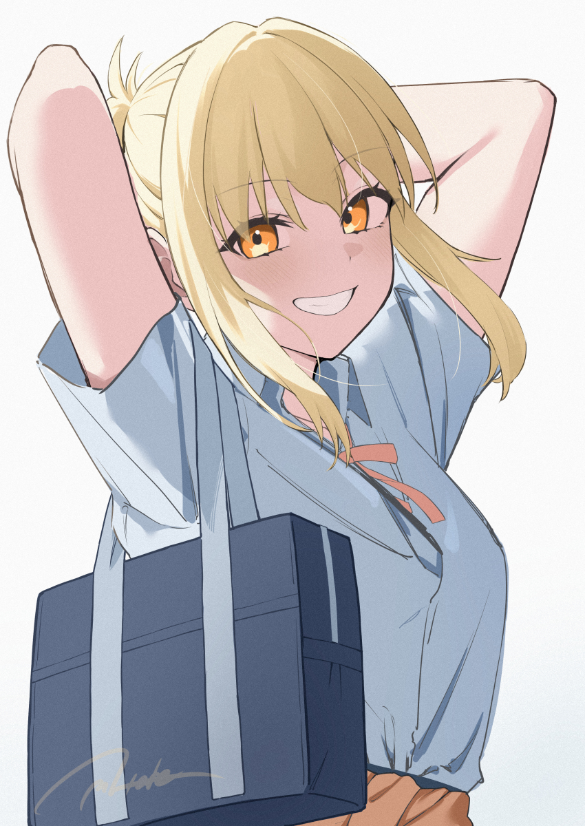 1girl absurdres arms_up bag black_bag blonde_hair blue_shirt breasts brown_cardigan cardigan cardigan_around_waist clothes_around_waist collared_shirt commentary dress_shirt grin gyaru highres looking_at_viewer love_live! love_live!_nijigasaki_high_school_idol_club masami_atabe medium_breasts medium_hair miyashita_ai neck_ribbon nijigasaki_school_uniform orange_eyes pink_ribbon ponytail ribbon school_bag school_uniform shirt short_sleeves shoulder_bag sidelocks signature simple_background smile solo summer_uniform upper_body white_background