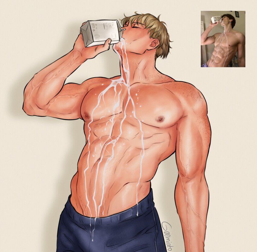 1boy abs absurdres artist_name bara blonde_hair closed_eyes collarbone cowboy_shot g00miato grey_background highres jujutsu_kaisen large_pectorals male_focus milk_carton muscular muscular_male nanami_kento navel nipples pants pectorals photo-referenced reference_inset short_hair solo topless_male v-taper veins