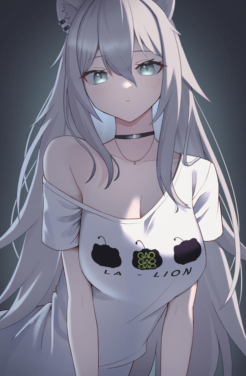 1girl absurdres animal_ears black_choker breasts choker ear_piercing grey_eyes grey_hair hair_between_eyes highres hololive jewelry large_breasts lion_ears lion_girl long_hair looking_at_viewer necklace no_bra o-e331 off_shoulder piercing print_shirt shirt shishiro_botan shishiro_botan_(casual) short_sleeves single_bare_shoulder solo t-shirt very_long_hair virtual_youtuber white_shirt