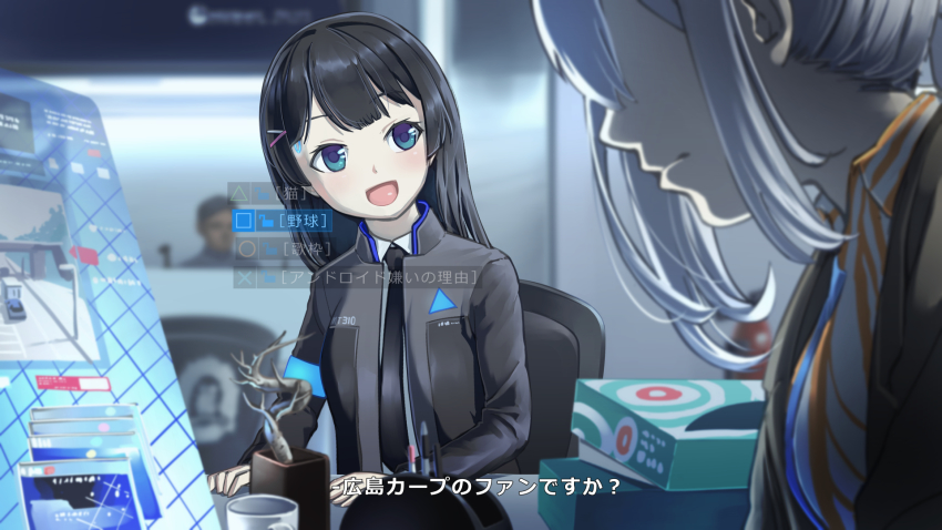 1boy 2girls :d black_hair blue_eyes chair commentary detroit:_become_human hair_ornament hairclip highres higuchi_kaede jacket manatsu_no_yo_no_inmu morisaki_jiro multiple_girls necktie nijisanji open_mouth parody silver_hair sitting smile translated tsukino_mito virtual_youtuber