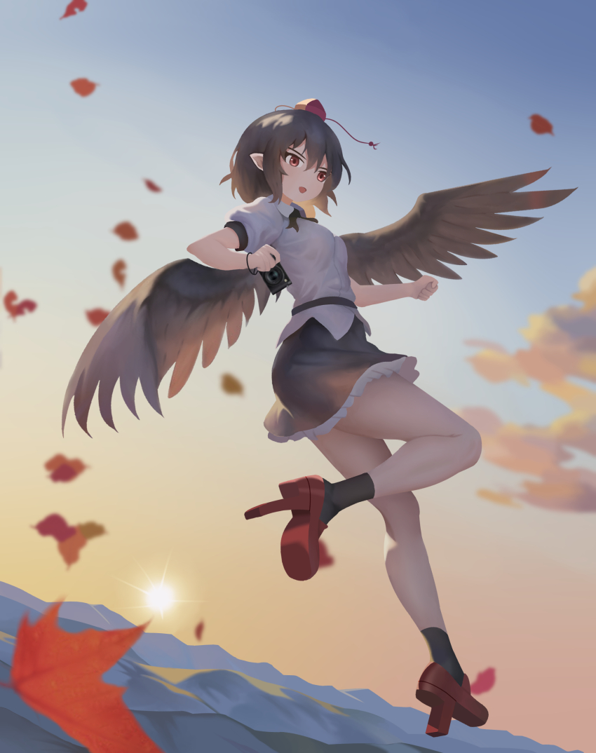 1girl absurdres bird_wings black_hair black_skirt black_socks black_wings cloud commentary full_body geta gradient_sky guilty_merlin hashtag-only_commentary hat highres horizon leaf mountainous_horizon open_mouth outdoors pointy_ears red_eyes red_footwear red_hat shameimaru_aya shirt short_hair short_sleeves skirt sky socks solo tengu-geta tokin_hat touhou white_shirt wings