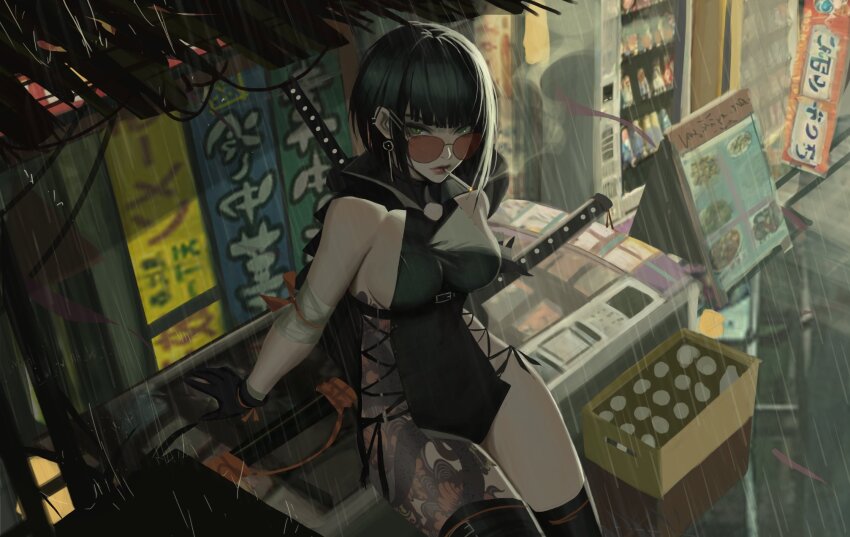 1girl bandaged_arm bandages black_gloves black_hair black_leotard black_thighhighs bow breasts chest_belt cigarette commentary cowboy_shot crate criss-cross_straps earrings english_commentary gloves hair_ornament hairclip highres jewelry katana large_breasts leg_tattoo leotard looking_at_viewer looking_over_eyewear medium_hair neo_(neorarty3) original outdoors rain red_bow red_lips saya_(scabbard) sheath sideboob sideless_leotard sign sitting smoking solo stomach_tattoo sunglasses sword tattoo tattoo_sleeve thighhighs thighs vending_machine weapon weapon_on_back