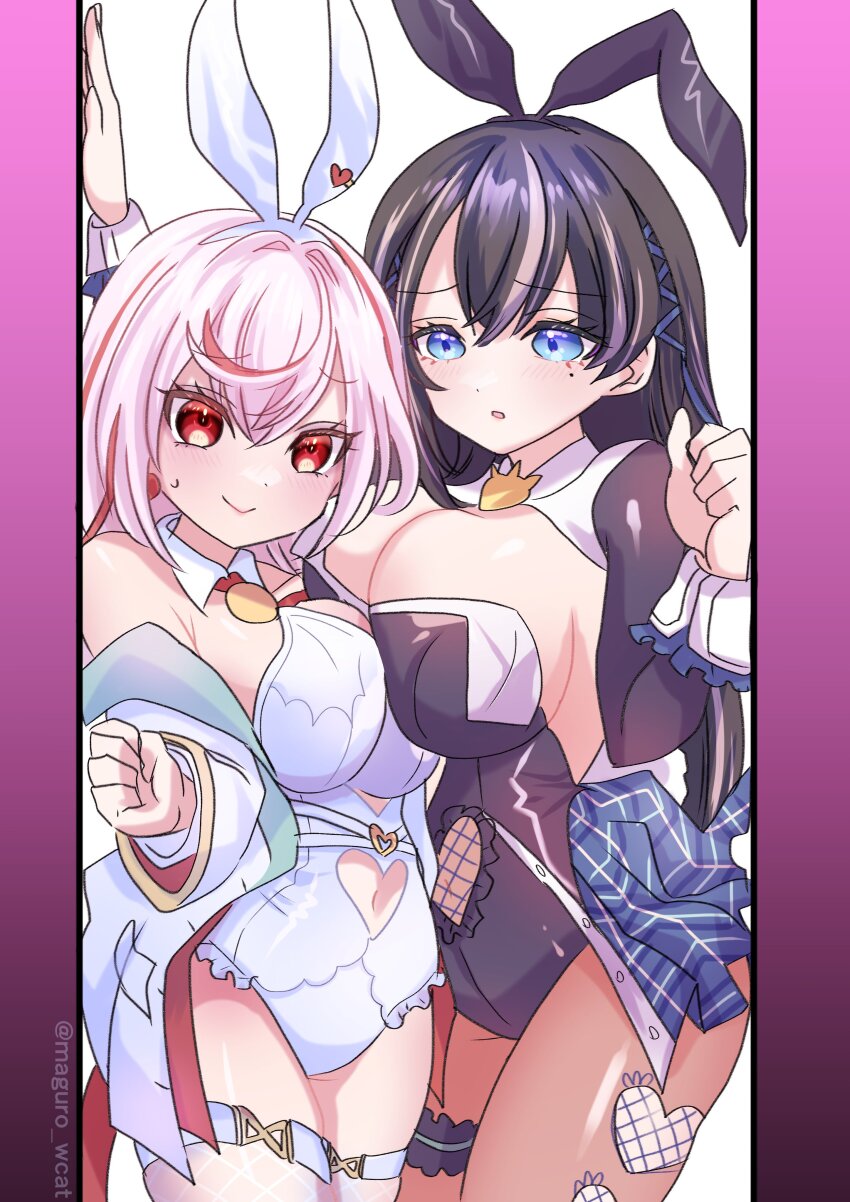 2girls absurdres animal_ears black_hair black_leotard blue_eyes breasts cleavage clothing_cutout detached_collar fake_animal_ears farie_(shironeko_project) fishnet_pantyhose fishnets highleg highleg_leotard highres large_breasts leotard long_hair maguro_(maguro_wcat) multicolored_hair multiple_girls navel_cutout pantyhose playboy_bunny rabbit_ears red_eyes shironeko_project strapless strapless_leotard streaked_hair trapped white_hair white_leotard yunos_(shironeko_project)