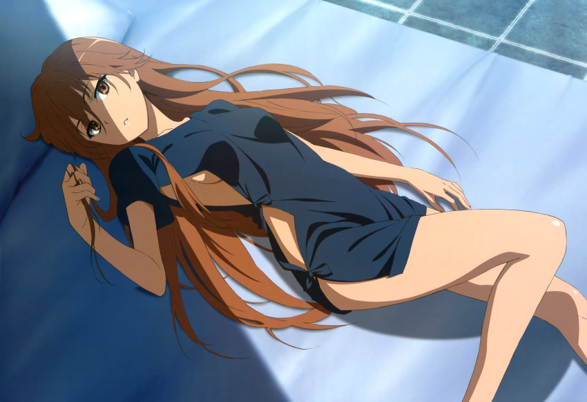 1girl absurdres breasts brown_hair female_focus fujii_masahiro highres hospital_gown legs long_hair lying misaka_imouto misaka_imouto_9982 non-web_source nyantype official_art on_back sideboob solo toaru_kagaku_no_railgun toaru_kagaku_no_railgun_s toaru_majutsu_no_index