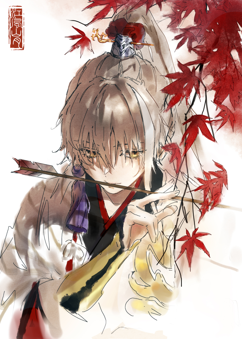 1boy absurdres archer_(fate/samurai_remnant) arrow_(projectile) autumn_leaves black_hanfu branch chinese_clothes chinese_commentary chinese_hairpin commentary_request fate/samurai_remnant fate_(series) grey_hair hair_ornament half-closed_eyes hanfu high_ponytail highres holding holding_arrow leaf long_hair male_focus mouth_hold multicolored_hair ponytail simple_background sketch solo streaked_hair tassel tassel_hair_ornament tenderina_123 upper_body white_background white_hanfu xiao_guan_(headdress) yellow_eyes