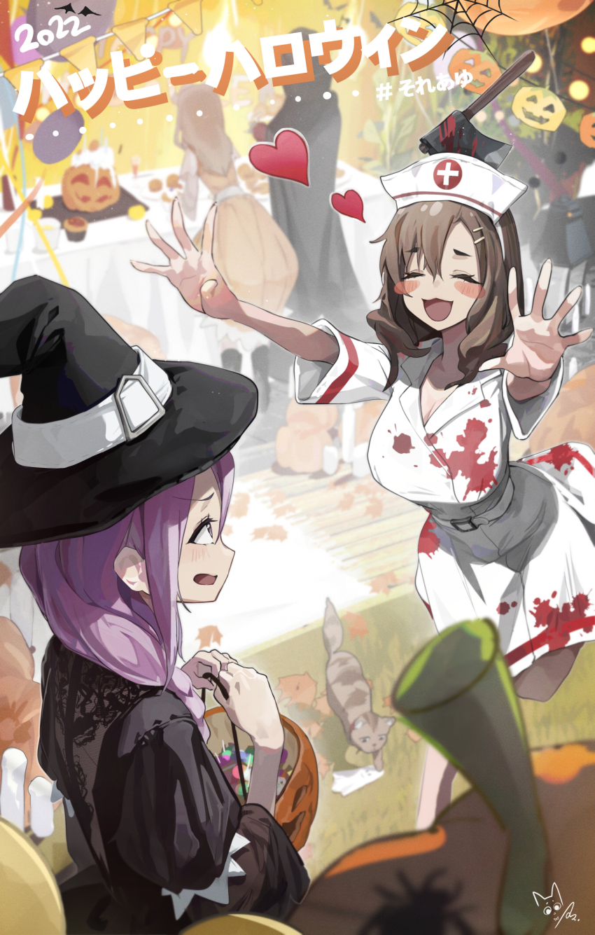 2girls :3 axe black_dress blood blood_on_clothes blush_stickers breasts brown_hair candy cat closed_eyes dress food halloween halloween_bucket hat hatchet_(axe) heart highres holding imminent_hug jack-o&#039;-lantern large_breasts long_hair maki_(soredemo_ayumu_wa_yosetekuru) mo0o0rae multiple_girls nurse nurse_cap open_mouth outstretched_arms purple_hair running soredemo_ayumu_wa_yosetekuru translation_request white_dress witch witch_hat yaotome_urushi