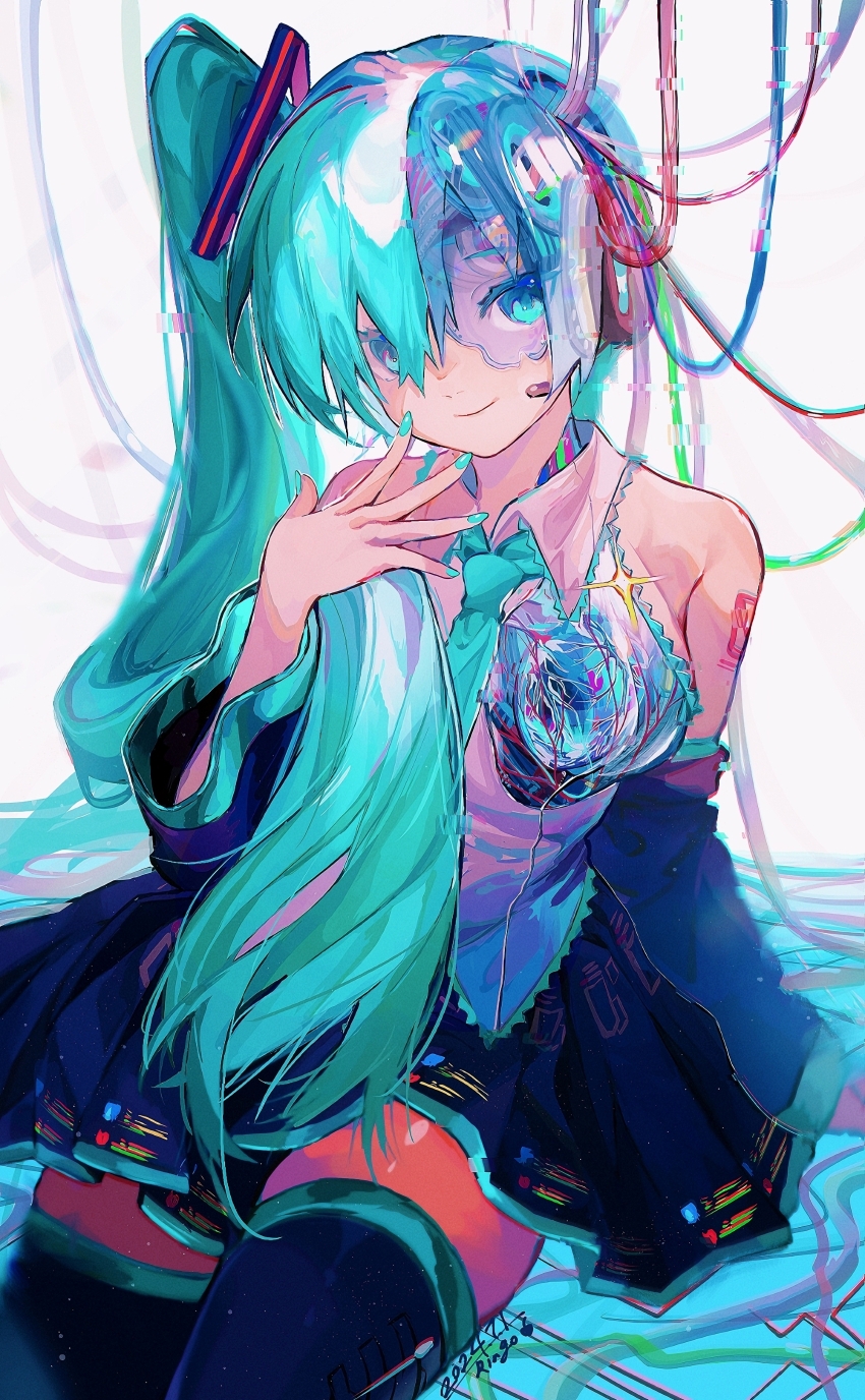 1girl absurdres alternate_hairstyle android arm_tattoo bare_shoulders black_skirt black_thighhighs blue_eyes blue_nails blue_necktie blue_trim cable collared_shirt coumibuzzbuzz cowboy_shot dated detached_sleeves exposed_heart glitch hand_up hatsune_miku highres long_hair looking_at_viewer mechanical_heart mechabare meme necktie see-through_body shirt side_ponytail sidetail_miku_noodle_stopper_(meme) signature skirt sleeveless sleeveless_shirt smile solo standing tattoo thighhighs vocaloid white_background white_shirt