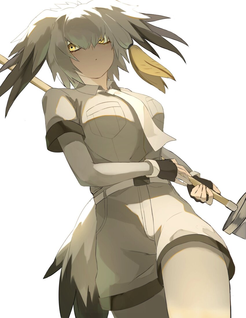 1girl bird_girl bird_tail bird_wings black_gloves black_trim blonde_hair bodysuit collared_shirt cowboy_shot fingerless_gloves from_below gloves grey_bodysuit grey_hair grey_shirt grey_shorts hair_between_eyes hakogitsune head_wings highres kemono_friends multicolored_hair necktie polearm shirt shoebill_(kemono_friends) short_hair short_sleeves shorts sidelocks solo spear tail weapon white_necktie wings yellow_eyes