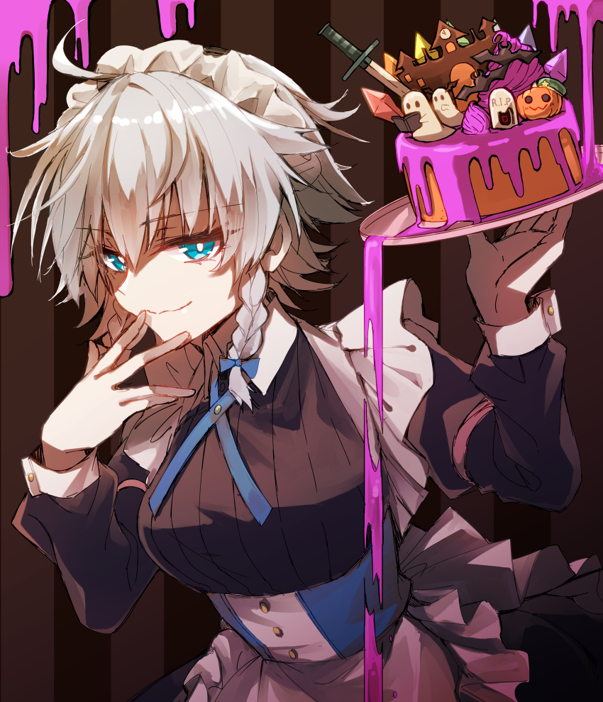 1girl absurdres ahoge apron bat_(animal) beret blue_bow blue_eyes book bow braid cake character-themed_food closed_mouth commentary_request cream crystal food ghost green_hat grey_hair halloween hat head_wings highres holding holding_book holding_tray izayoi_sakuya jack-o&#039;-lantern kinese_(katasutorohu) knife long_hair long_sleeves maid maid_headdress open_book pink_liquid reading scarlet_devil_mansion smile solo tombstone touhou tray twin_braids waist_apron wings