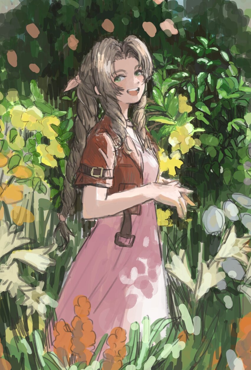 1girl aerith_gainsborough blue_flower braid braided_ponytail breasts brown_hair choker cowboy_shot cropped_jacket dress field final_fantasy final_fantasy_vii final_fantasy_vii_rebirth final_fantasy_vii_remake flower flower_field green_eyes hair_ribbon highres jacket long_dress long_hair looking_at_viewer medium_breasts nature open_mouth outdoors own_hands_together parted_bangs pink_dress pink_flower pink_ribbon red_flower red_jacket ribbon short_sleeves sidelocks single_braid sketch smile solo soraoyogusakana wavy_hair yellow_flower