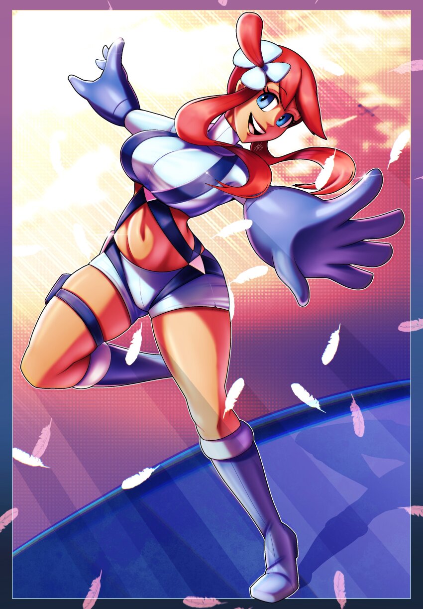 1girl absurdres blue_eyes blue_footwear blue_gloves blue_shorts boots breasts creatures_(company) feathers full_body game_freak gloves highres midriff navel nintendo nrg_98 outstretched_arms pokemon pokemon_bw pouch red_hair shorts signature skindentation skyla_(pokemon) solo standing standing_on_one_leg thigh_pouch