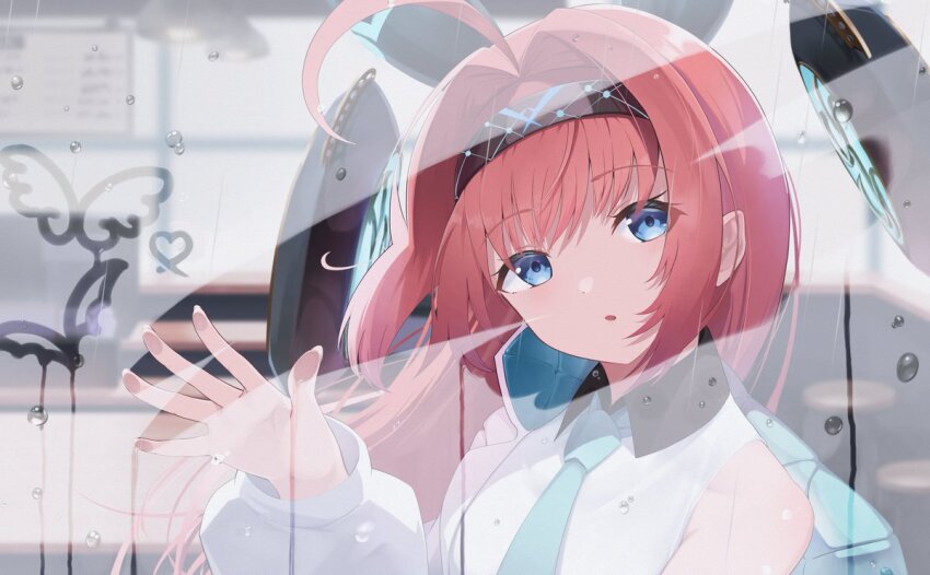 1girl against_fourth_wall against_glass ahoge animal_ears black_hairband blue_eyes blue_necktie fake_animal_ears glass glass_writing hair_intakes hairband hand_on_glass headgear ichien_ekaki indoors jacket lishenna_(shadowverse) long_hair looking_at_viewer multicolored_clothes multicolored_jacket necktie parted_lips pink_hair shadowverse solo standing two-tone_jacket water_drop white_jacket wing_collar