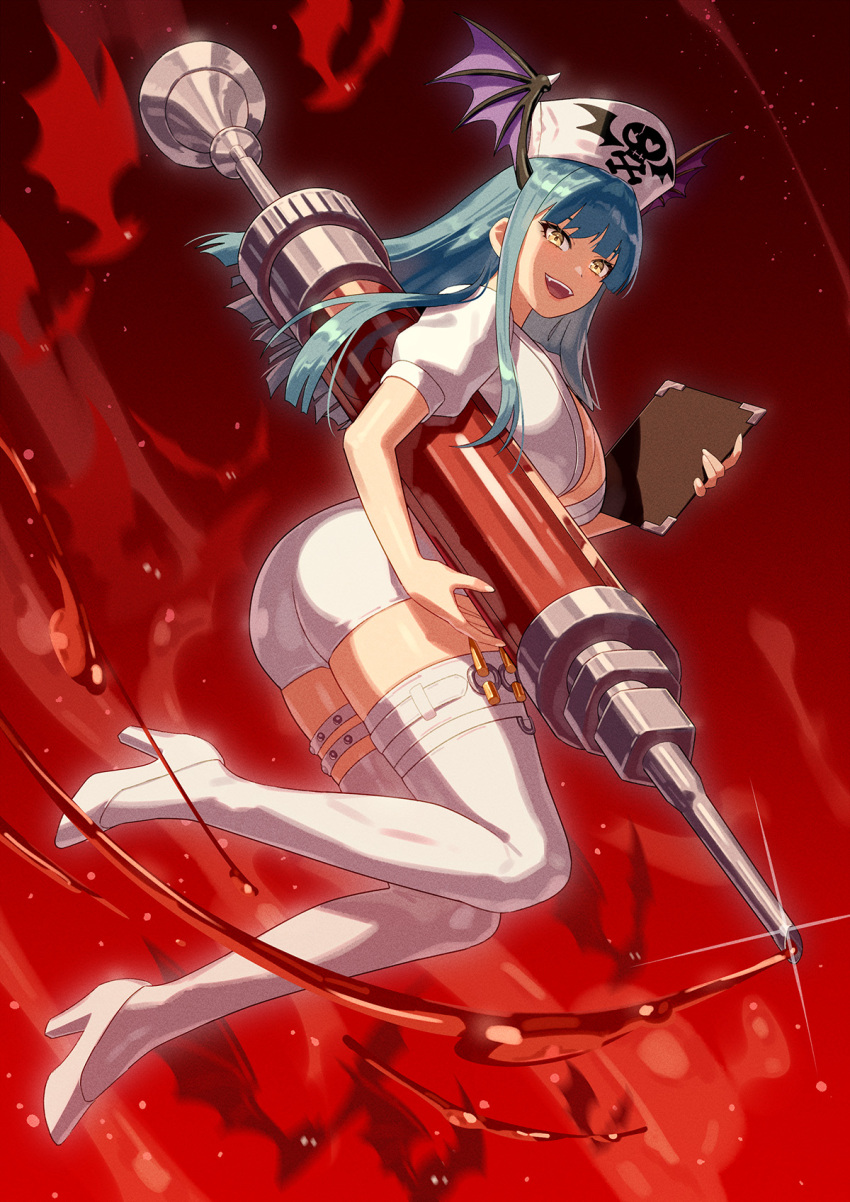 1girl ass bat_(animal) bat_wings blood blue_hair breasts clipboard commentary_request darkstalkers demon_girl dress fangs floating_hair from_side glint hat head_wings high_heels highres holding holding_clipboard holding_syringe large_breasts long_hair looking_at_viewer morrigan_aensland nurse nurse_cap open_mouth oversized_object puffy_short_sleeves puffy_sleeves pumps revision short_sleeves skull_and_crossbones smile solo syringe teeth thigh_strap thighhighs tongue upper_teeth_only white_dress white_hat white_thighhighs wings yagi2013 yellow_eyes