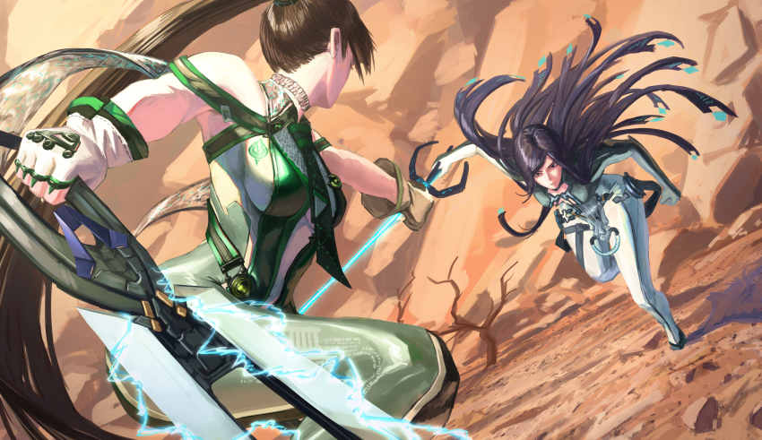 2girls absurdres bare_shoulders battle black_hair bodysuit breasts brown_hair commentary duel eve_(stellar_blade) fingerless_gloves gloves green_bodysuit highres holding holding_sword holding_weapon long_hair medium_breasts multicolored_bodysuit multicolored_clothes multiple_girls outdoors planet_diving_suit_(7th)_(stellar_blade) ponaponyo ponytail raven_(stellar_blade) raven_suit_(stellar_blade) silver_bodysuit skin_tight stellar_blade sword very_long_hair wasteland weapon white_gloves