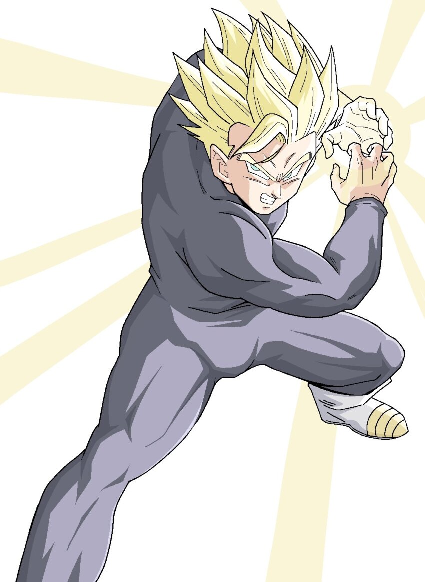 1boy blonde_hair charging_(attack) dragon_ball green_eyes highres kamehameha_(dragon_ball) looking_at_viewer muscular muscular_male serious solo son_gohan suirann super_saiyan tagme white_background