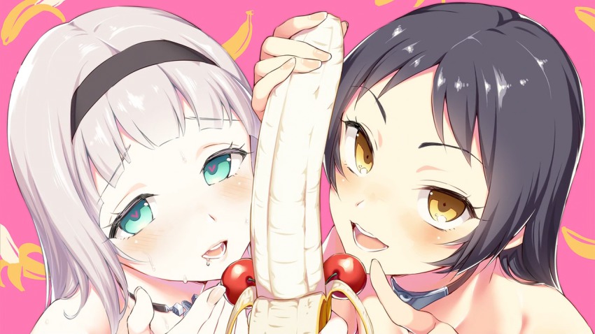 10s 2girls anna_nishikinomiya banana black_hair cherry end_card food fruit hairband heart heart-shaped_pupils kajou_ayame multiple_girls official_art pov sexually_suggestive shimoneta_to_iu_gainen_ga_sonzai_shinai_taikutsu_na_sekai silver_hair simple_background symbol-shaped_pupils