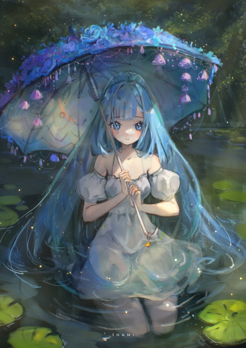 alternate_costume artist_name blue_eyes blue_hair blunt_bangs collarbone dress hair_intakes hand_on_umbrella highres hololive hololive_indonesia inami_artist kobo_kanaeru long_hair off-shoulder_dress off_shoulder puffy_sleeves seiza sitting sitting_on_water spaghetti_strap virtual_youtuber water_drop white_dress