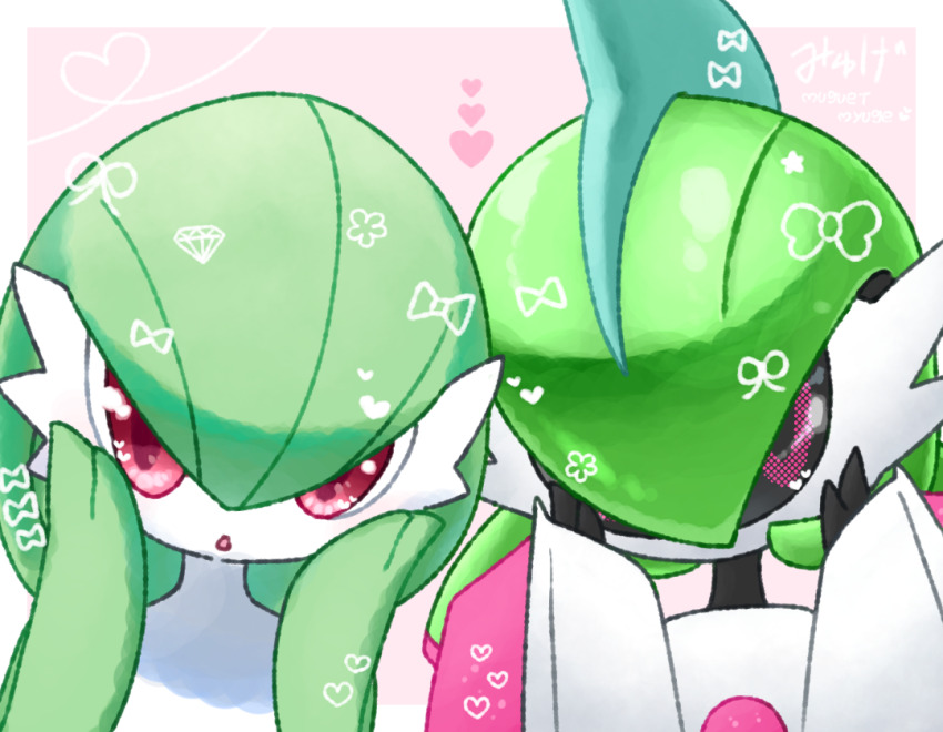 2girls artist_name black_sclera blue_hair blush bob_cut border bow colored_sclera colored_skin creatures_(company) female_focus game_freak gardevoir gem_(symbol) gen_3_pokemon green_hair green_skin hair_bow hair_over_one_eye hands_on_own_cheeks hands_on_own_face hands_up heart humanoid_robot iron_valiant light_blush looking_at_viewer mohawk muguet multicolored_hair multicolored_skin multiple_girls nintendo no_mouth one_eye_covered open_mouth outside_border pink_background pixel_eyes pokemon pokemon_(creature) red_eyes robot short_hair signature simple_background two-tone_hair two-tone_skin upper_body white_border white_skin