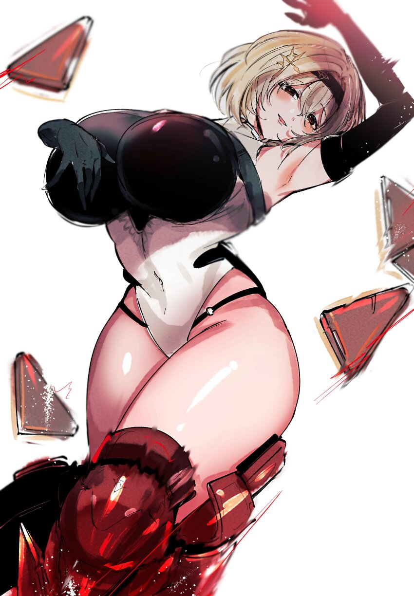 1girl absurdres armpits black_gloves blush breasts covered_navel debris dimjh elbow_gloves gloves goddess_of_victory:_nikke hair_between_eyes hair_ornament highleg highres huge_breasts knee_armor leotard red_shoes_(nikke) shiny_skin smile solo thighs white_background