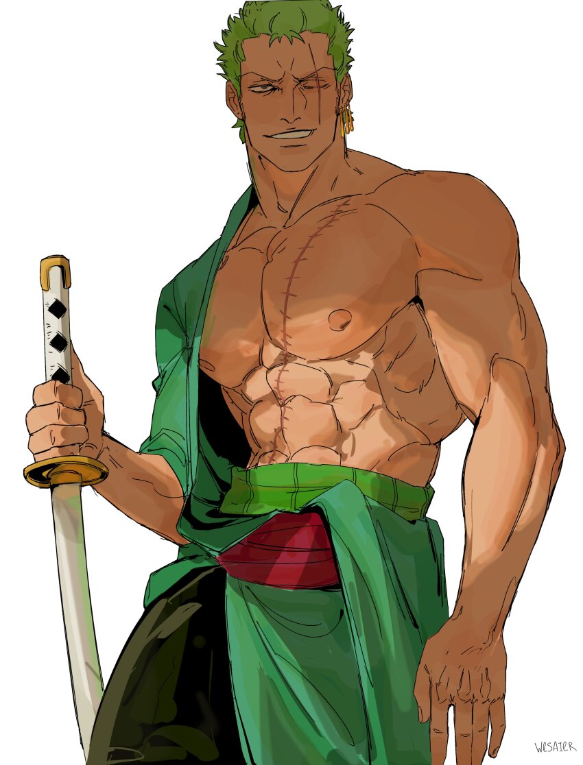 1boy abs absurdres arm_out_of_sleeve artist_name bara bare_pectorals commentary earrings english_commentary green_hair highres holding holding_sword holding_weapon jewelry katana large_pectorals male_focus muscular muscular_male nipples one_piece pectorals roronoa_zoro scar scar_across_eye scar_on_chest scar_on_stomach short_hair simple_background solo sword weapon wesaier white_background