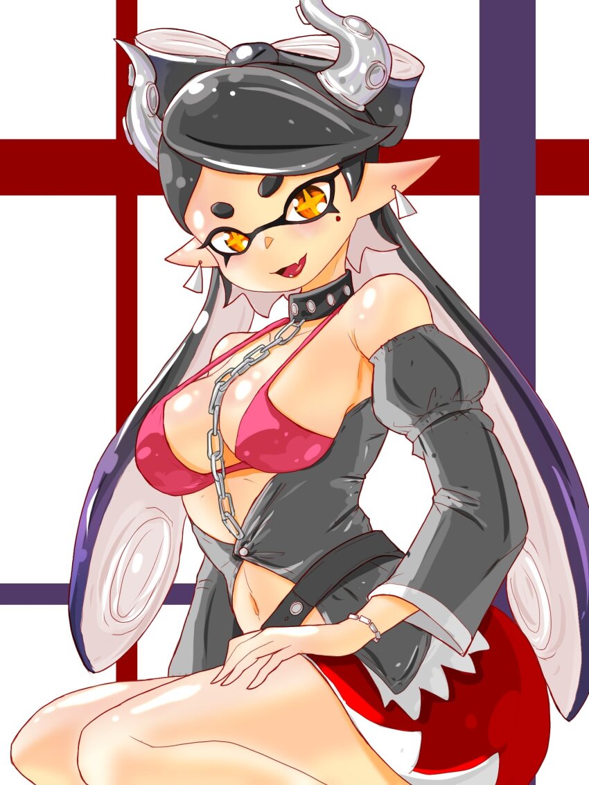 +_+ 1girl bikini bikini_top_only breasts callie_(splatoon) earrings fangs horns jacket jewelry large_breasts long_sleeves looking_at_viewer nintendo open_clothes open_jacket pointy_ears skirt splatoon_(series) t2ukmyjm tentacle_hair twintails yellow_eyes