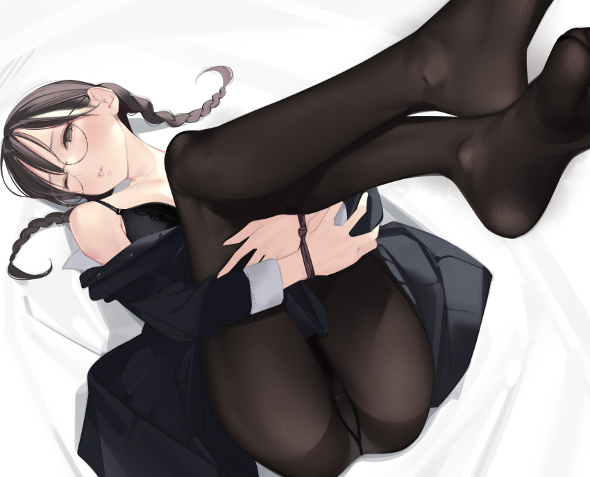 1girl ama_mitsuki ass ass_focus bdsm black_bra black_coat black_hair black_pantyhose black_skirt blush bondage bound bound_wrists bra braid breasts brown_eyes coat collarbone feet foreshortening full_body glasses gusset head_tilt highres hugging_own_legs legs long_hair long_sleeves looking_at_viewer lying no_shoes off_shoulder on_back one_eye_closed open_clothes open_coat original pantyhose parted_lips semi-rimless_eyewear skirt small_breasts soles solo toes twin_braids under-rim_eyewear underwear upskirt