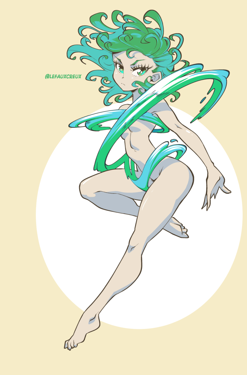 1girl aura barefoot breasts curly_hair floating green_eyes green_hair highres lefauxcreux looking_at_viewer nude one-punch_man shiny_skin small_breasts solo tatsumaki toes yellow_background